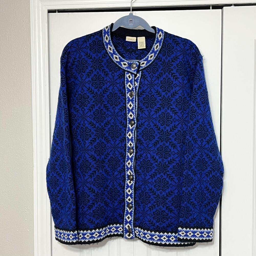 LL Bean Nordic Cardigan Sweater Women Blue Merino Wool Fair Isle Dale Birdseye